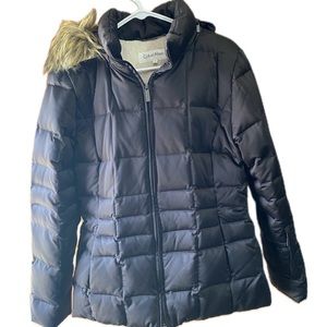 Dark brown Calvin Klein size medium feather down jacket with detachable hood